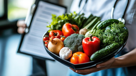 This vibrant heart-shaped platter showcases an assortment of fresh vegetables, emphasizing health and nutrition in a colorful presentation ideal for any meal.の素材