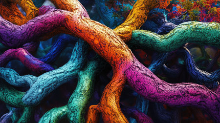 This abstract representation showcases intertwining colorful tree roots, creating a vivid and imaginative depiction of nature's beauty and complexity.の素材
