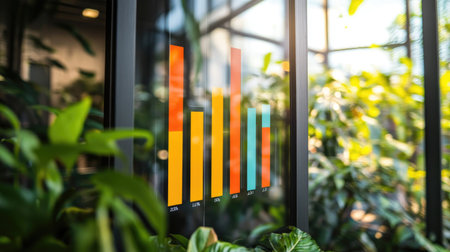 A vibrant bar chart showcases data analysis within a lush green environment, highlighting growth and profit trends. Perfect for business and presentation use.の素材