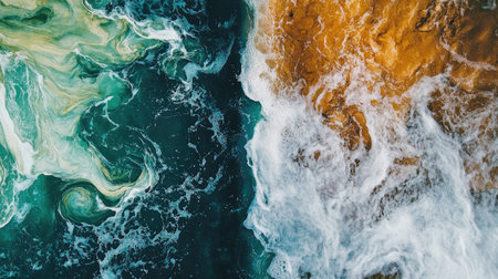 This abstract image captures the dynamic interplay between air and water, showcasing vibrant colors and textures. A stunning visual for nature themes.の素材