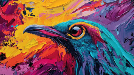 This vibrant abstract artwork showcases a wildlife representation with bold colors and dynamic textures, capturing the essence of nature through expressive art.の素材