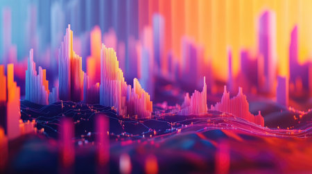 This vibrant abstract 3D landscape features striking geometric forms and dynamic colors, creating an engaging atmosphere filled with energy and creativity.の素材