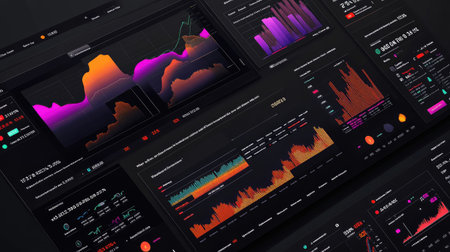 Discover a vibrant financial dashboard showcasing real-time analytics with interactive charts and graphs, designed for effective data visualization and insights.の素材
