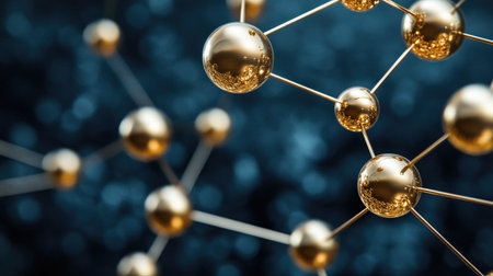 Eye-catching abstract composition of golden spheres interconnected in a dynamic arrangement. Perfect for backgrounds, science themes, or modern design projects.の素材
