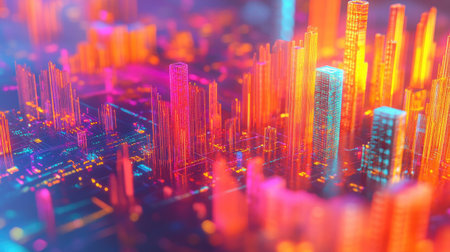 Explore a vibrant abstract 3D visualization representing market data with colorful skyscrapers and dynamic light patterns, ideal for finance and technology themes.の素材