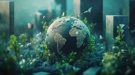 This abstract image features a globe surrounded by 3D shapes and lush greenery, creating a surreal environment that blends nature and modern art elements beautifully.の素材