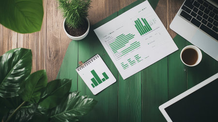 Capture an organized workspace featuring a desk with a laptop, plant, coffee, and documents showcasing graphs, ideal for business or study themes.の素材