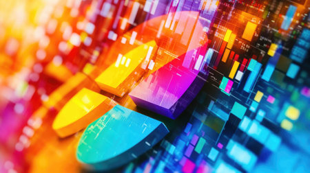 Explore a vibrant and modern abstract visualization of market data, featuring colorful graphs and charts that highlight trends and insights in finance.の素材