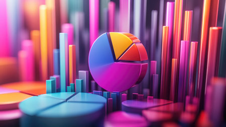 Vibrant 3D pie charts and bar graphs float in a colorful arrangement, showcasing an abstract design perfect for data presentations and analytics.の素材