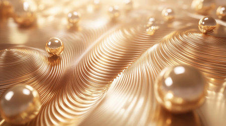 Explore a stunning 3D composition of golden spheres nestled on a dynamic layered background, showcasing elegance and artistry through light and texture.の素材