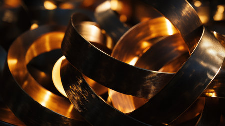 Explore a dynamic 3D pattern of interwoven golden loops, showcasing glossy textures and captivating reflections that embody elegance and modern artistry.の素材