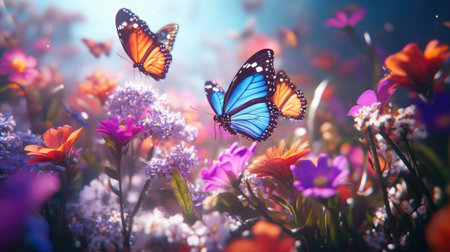 Experience the enchanting scene of vibrant butterflies fluttering among colorful flowers, capturing the essence of nature's beauty in a vivid, 3D environment.の素材