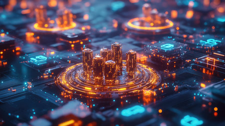 Experience a detailed 3D visualization depicting digital finance concepts through vibrant colors and complex patterns, representing modern technology and urban growth.の素材