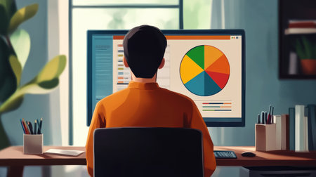A focused investor studies a colorful pie chart on a computer screen, immersed in analysis and strategizing while working in a modern, bright workspace.の素材