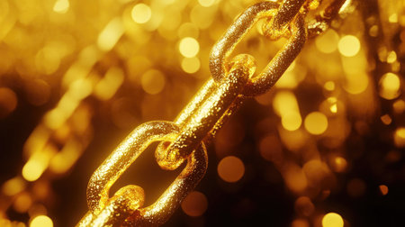 Discover an intricate design of golden chains glimmering against a vibrant background, showcasing elegance and luxury in a stunning closeup.の素材
