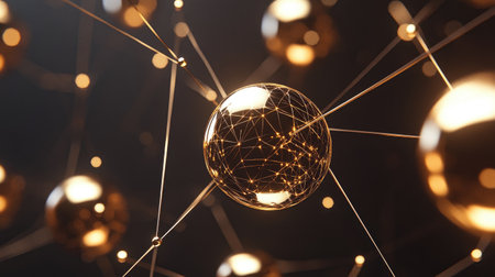 Stunning 3D visualization of golden orbs interconnected by thin lines, creating an elegant and modern abstract design. Perfect for technology and beauty themes.の素材