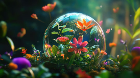 Explore a vibrant scene featuring 3D flowers and plants thriving within a glass bubble, showcasing nature's beauty and colorful artistry in a serene setting.の素材
