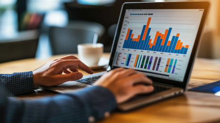 A professional analyzes stock trends using a laptop. The screen displays various graphs and charts, showcasing financial data and market metrics in a modern workspace setting.の素材