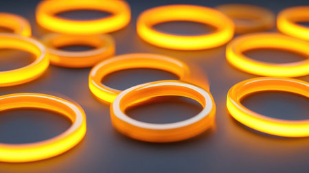 Discover a visually striking arrangement of dynamic golden rings, showcasing luxury and elegance in a creative 3D design that captures light beautifully.の素材