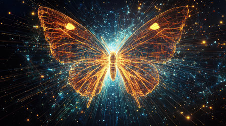 This stunning 3D artwork features a luminous butterfly illuminated by neon lines against a cosmic backdrop, evoking beauty and ethereal energy in vibrant colors.の素材