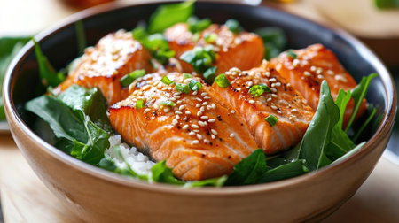 A vibrant bowl featuring fresh salmon slices resting on a bed of greens, garnished with sesame seeds. Perfect for a healthy and delicious meal choice.の素材