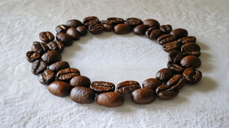 Circular arrangement of roasted coffee beans showcases their rich color and texture, perfect for food and beverage themes in photography.の素材
