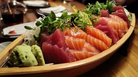 A beautifully presented sashimi boat filled with fresh fish and garnishes, perfect for a gourmet dining experience. Enjoy the vibrant colors and flavors.の素材