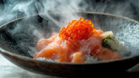 This beautiful close-up showcases a steaming bowl of salmon donburi, featuring fresh salmon slices and vibrant fish roe atop fluffy rice, perfect for any meal.の素材