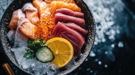 A stunning close-up view of beautifully sliced sashimi featuring salmon, tuna, and vibrant garnishes on a bed of ice, showcasing fresh seafood elegance.の素材