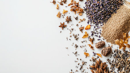 Close-up view of various dried plant materials showcasing unique textures and colors, perfect for culinary, crafts, or wellness uses, evoking nature's beauty.の素材