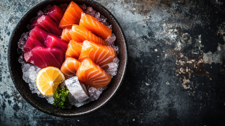 A stunning top view of beautifully sliced sashimi on ice, showcasing a vibrant array of fresh fish garnished with lemon and greens. Perfect for culinary lovers.の素材