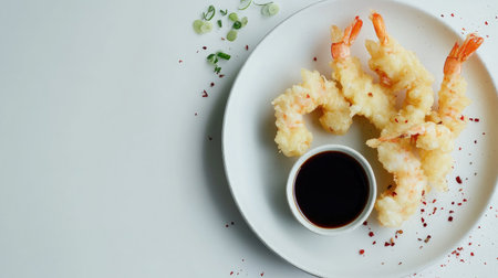Enjoy a plate of traditional Japanese tempura shrimp served with a rich dipping sauce. This crispy and flavorful dish is perfect for sharing and indulging.の素材