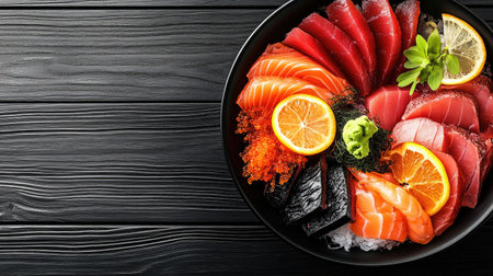 Experience a vibrant sashimi platter showcasing fresh tuna and salmon, beautifully garnished with citrus and wasabi, perfect for seafood lovers.の素材