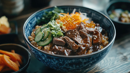 A visually appealing Japanese curry rice bowl topped with fresh vegetables and garnished with sesame seeds, perfect for a delicious meal experience.の素材