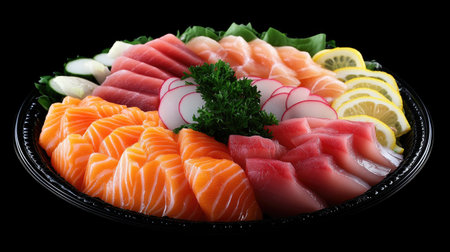 Explore a vibrant assortment of fresh sashimi featuring salmon, tuna, and colorful garnishes. Perfect for seafood lovers seeking exquisite culinary delights.の素材