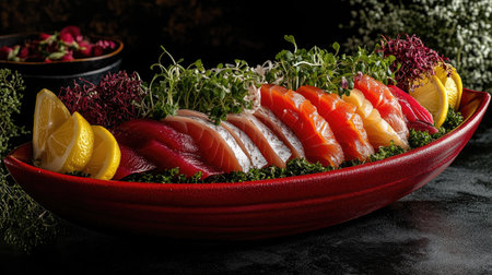 This image showcases a luxurious red bowl filled with an artistic arrangement of colorful sashimi, garnished with fresh herbs and lemon slices. Perfect for gourmet dining displays.の素材