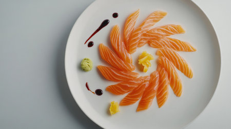 This minimalist presentation features raw salmon sashimi artfully arranged in a circular pattern, enhancing its visual appeal and freshness. Perfect for culinary showcases.の素材
