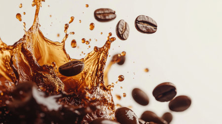 This captivating image showcases a dynamic splash of roasted coffee beans in rich liquid, embodying energy and freshness. Perfect for coffee-related projects.の素材