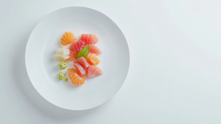 A minimalist presentation of various sashimi slices displayed on a white plate. Perfect for showcasing gourmet seafood in upscale dining environments.の素材