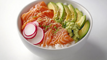 A vibrant bowl filled with fresh salmon, creamy avocado, and colorful radish slices atop a bed of rice, creating a delicious and healthy meal option.の素材