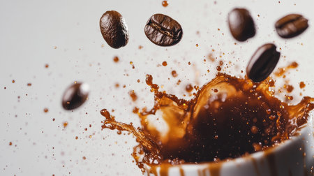 A dynamic image showcasing rich coffee splashing from a cup, with coffee beans suspended in the air. Perfect for illustrating the energy and aroma of coffee culture.の素材