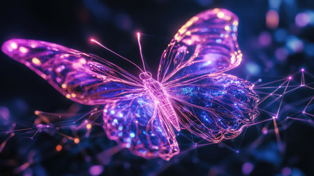 Experience a stunning 3D rendering of a cosmic butterfly, radiating vibrant colors and surreal patterns. This mesmerizing digital artwork captures the beauty of nature and imagination.の素材