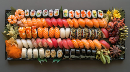This stunning sushi platter showcases a vibrant assortment of sushi delicacies, including rolls and sashimi, perfect for any dining occasion or celebration.の素材
