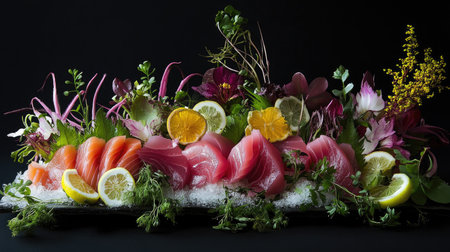 This stunning display of fresh sashimi showcases delicate fish garnished with vibrant herbs and citrus, creating an elegant and colorful presentation for any occasion.の素材