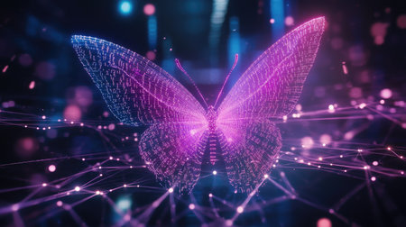 A stunning digital rendering of a cosmic butterfly showcased in vibrant colors and abstract patterns. This artwork captures the essence of beauty and technology intertwined.の素材