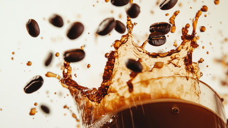 A stunning image capturing the dynamic splash of rich coffee erupting from a glass cup. Perfect for illustrating beverage freshness and energy.の素材