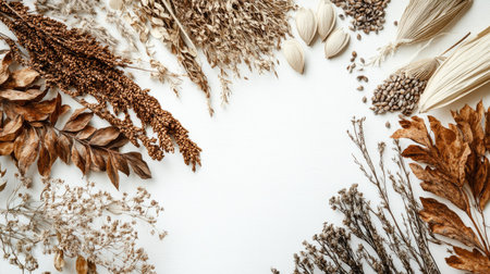 A captivating top-down view of assorted dried plants, showcasing their unique textures and colors. Ideal for crafting and natural decor inspiration.の素材