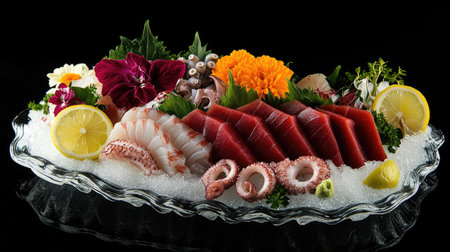 Discover a vibrant sashimi platter featuring fresh tuna and assorted seafood, beautifully arranged with lemon and edible flowers for an elegant presentation.の素材