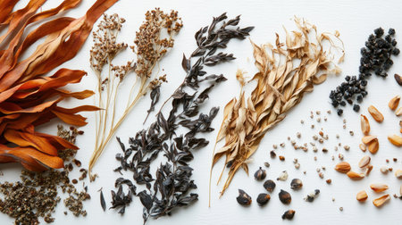 Explore a stunning overhead view of a diverse assortment of dried plants, showcasing their unique textures and natural colors. Perfect for artistic inspiration!の素材