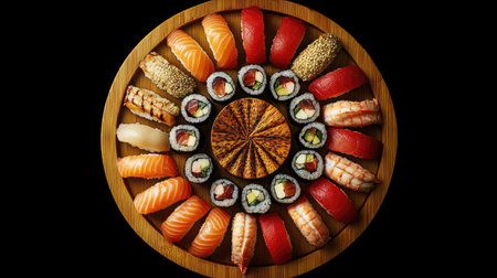 A beautiful assortment of classic nigiri and sushi displayed on a round wooden platter, showcasing vibrant colors and fresh ingredients perfect for any dining experience.の素材